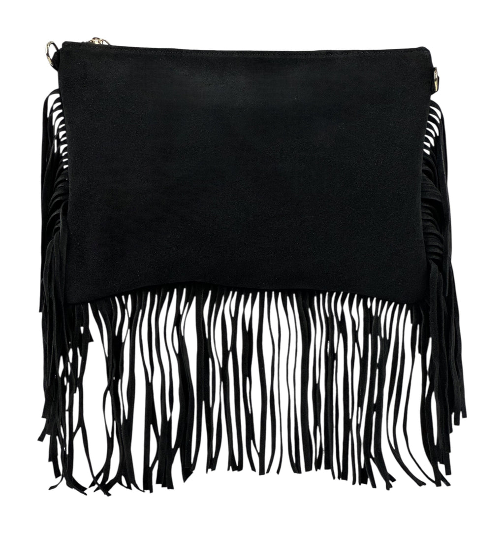 HE1081 Black Fringe Suede Clutch