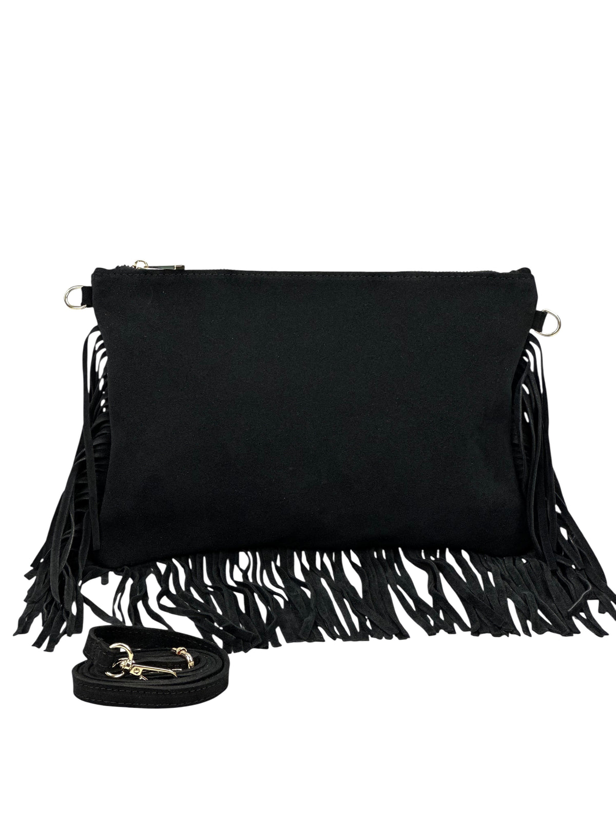 HE1081 Black Fringe Suede Clutch