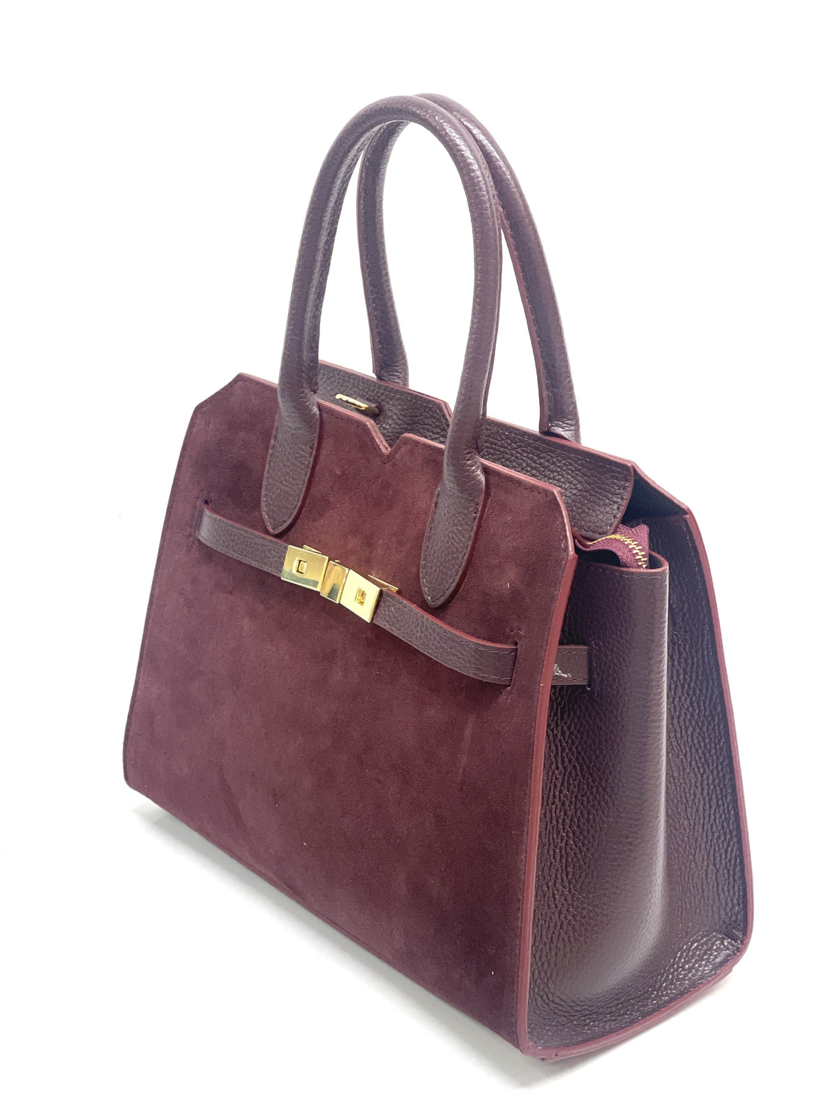 HE1082 Burgundy Belted Suede Top Handle Bag