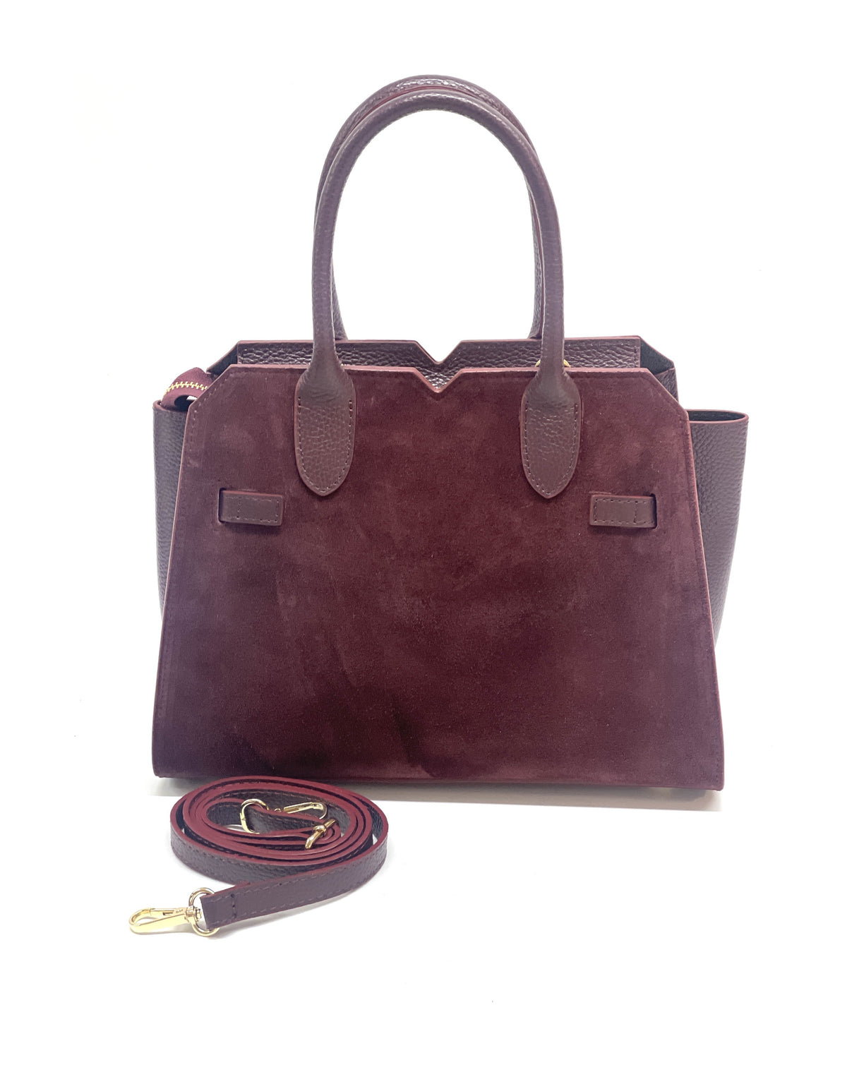 HE1082 Burgundy Belted Suede Top Handle Bag