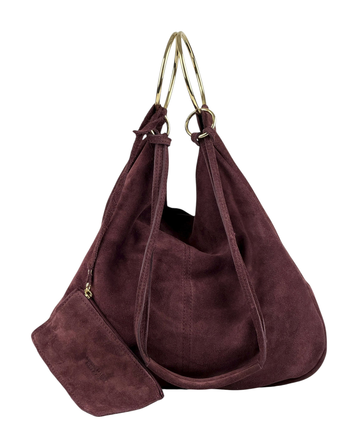 HE1118 Burgundy Ring Handle Suede Hobo Bag