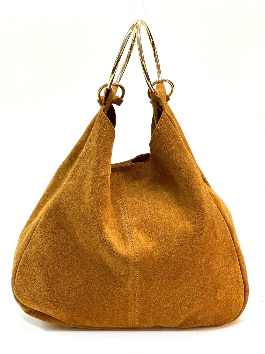 HE1121 Tan Ring Handle Suede Hobo Bag