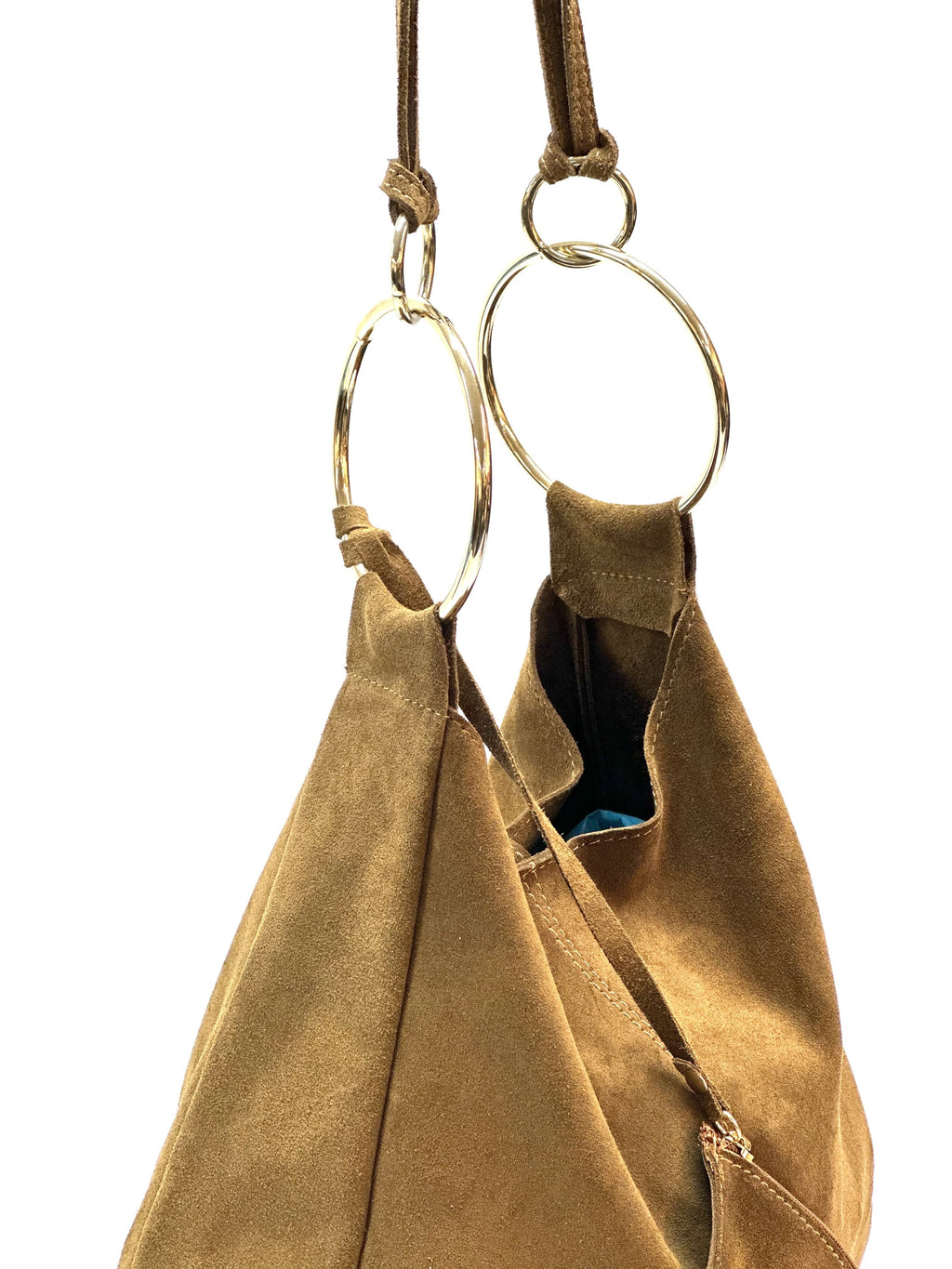 HE1121 Tan Ring Handle Suede Hobo Bag