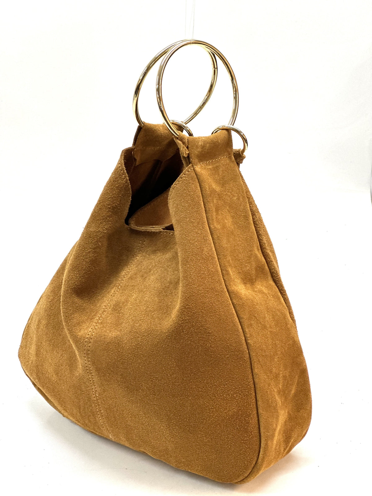 HE1121 Tan Ring Handle Suede Hobo Bag