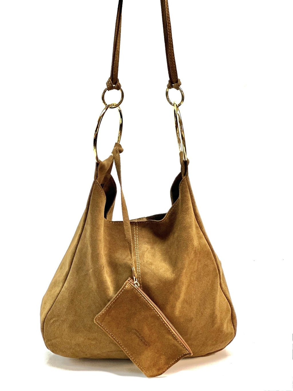 HE1121 Tan Ring Handle Suede Hobo Bag