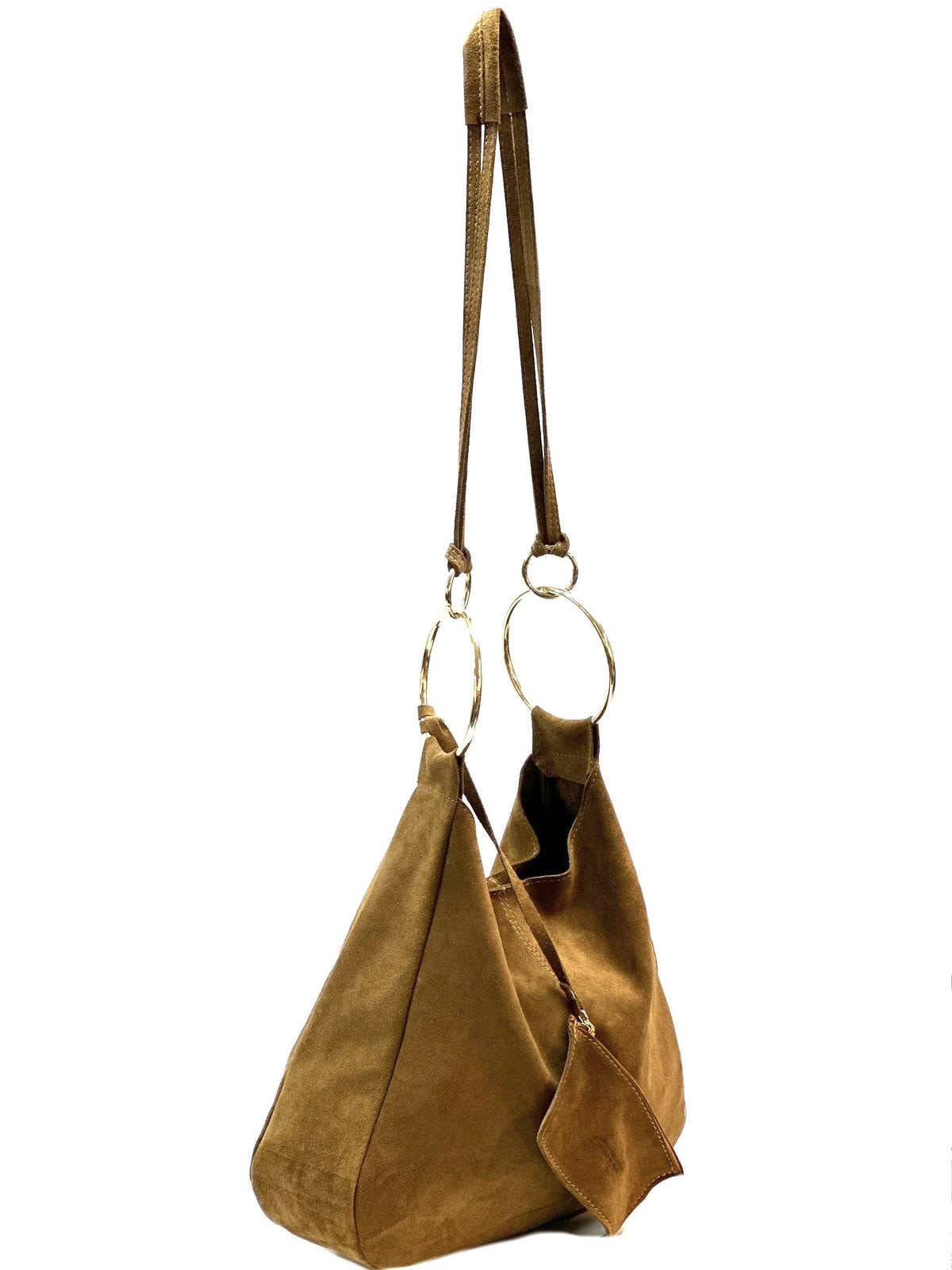 HE1121 Tan Ring Handle Suede Hobo Bag