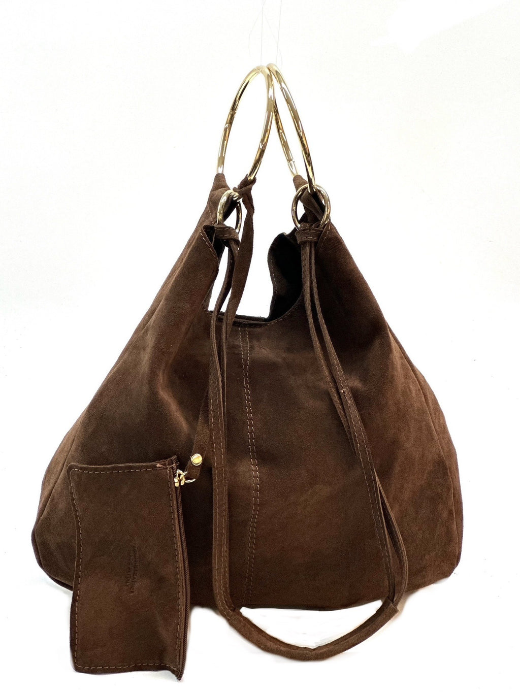 HE1122 Brown Ring Handle Suede Hobo Bag