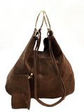 HE1122 Brown Ring Handle Suede Hobo Bag
