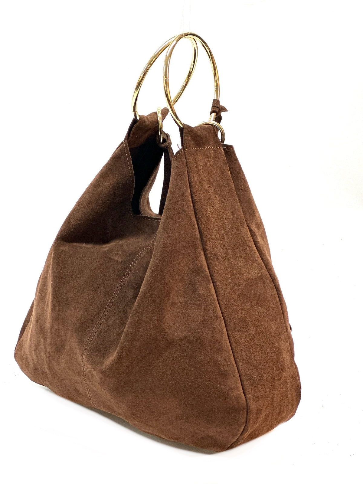 HE1122 Brown Ring Handle Suede Hobo Bag