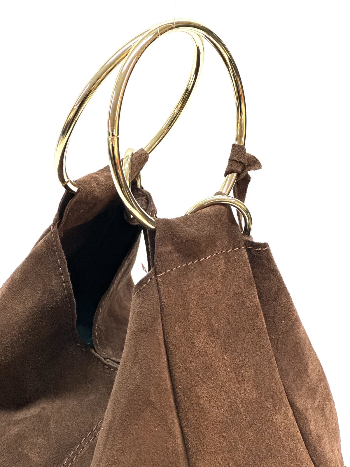 HE1122 Brown Ring Handle Suede Hobo Bag