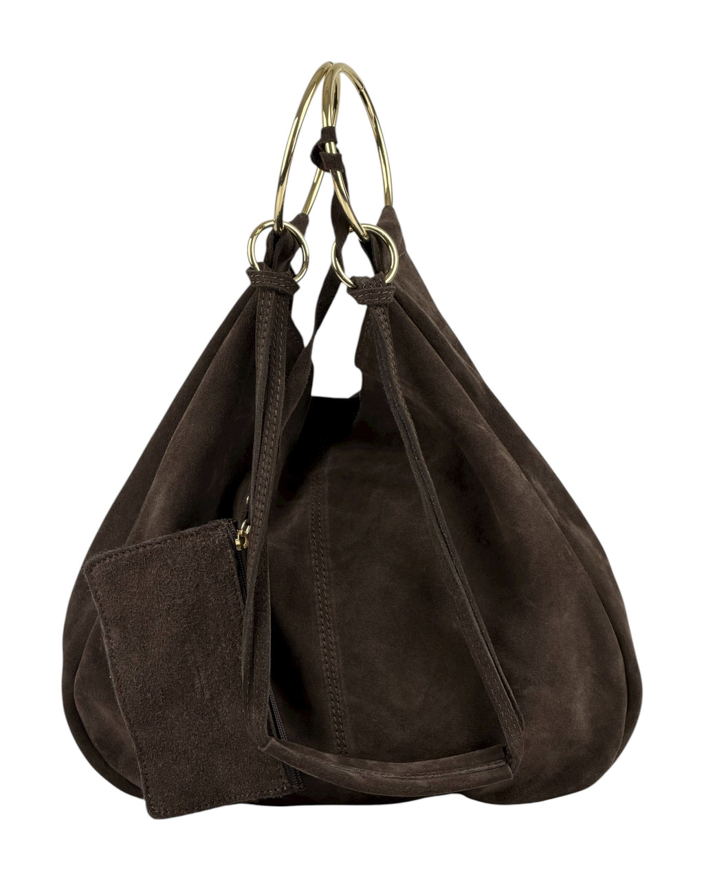 HE1123 Dark Brown Ring Handle Suede Hobo Bag
