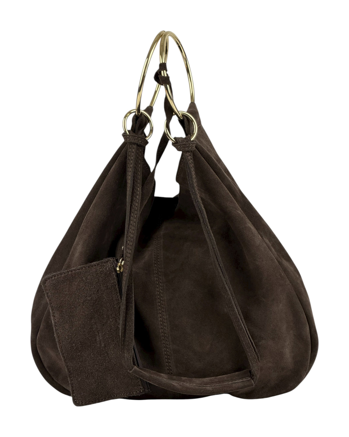 HE1123 Dark Brown Ring Handle Suede Hobo Bag