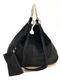 HE1124 Black Ring Handle Suede Hobo Bag