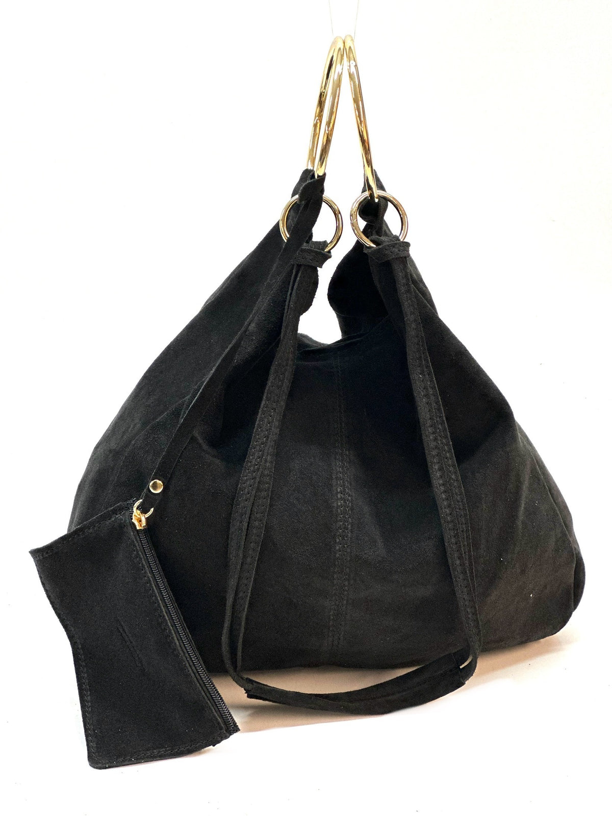 HE1124 Black Ring Handle Suede Hobo Bag