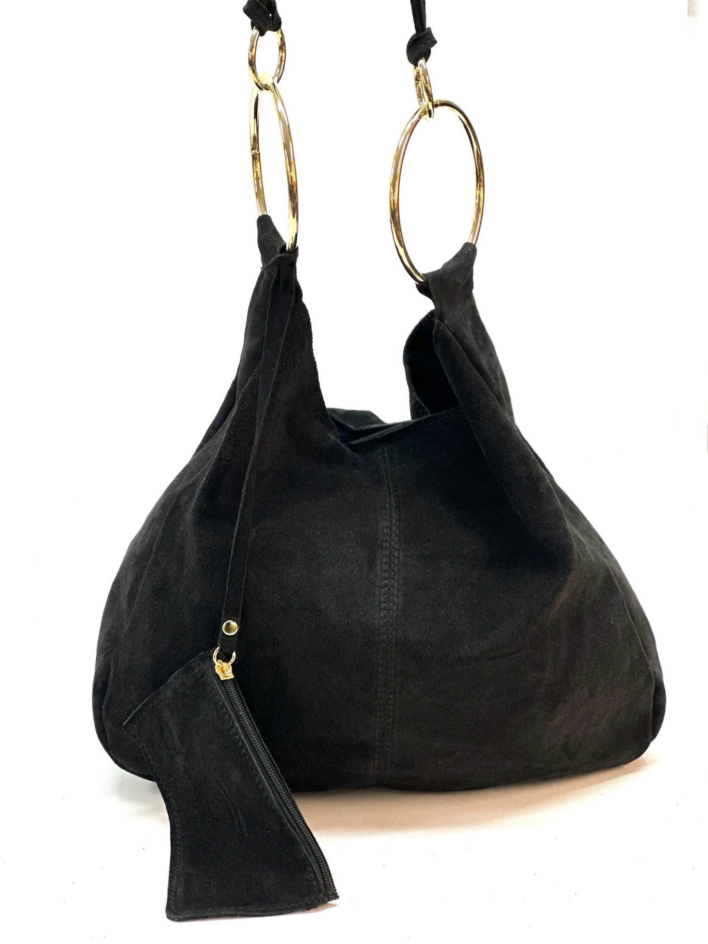 HE1124 Black Ring Handle Suede Hobo Bag
