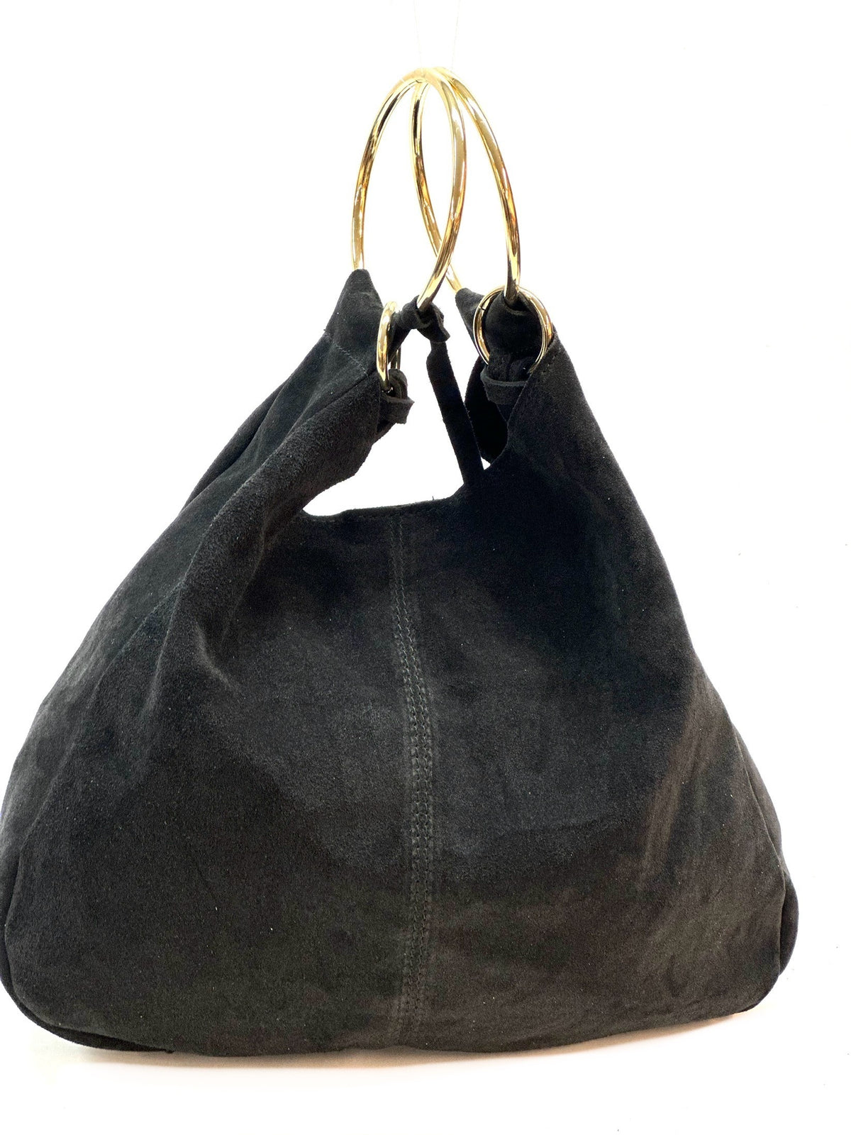 HE1124 Black Ring Handle Suede Hobo Bag