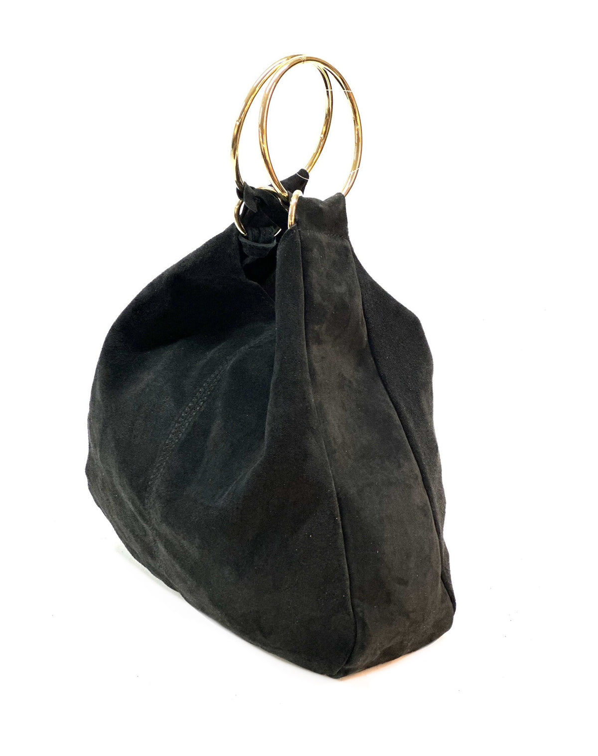 HE1124 Black Ring Handle Suede Hobo Bag