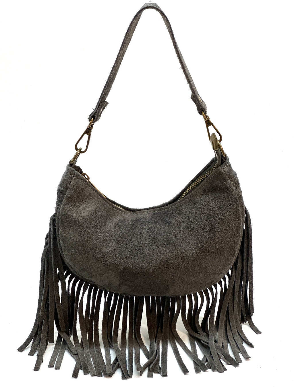 HE1139 Dark Grey Fringe Suede Hobo Bag