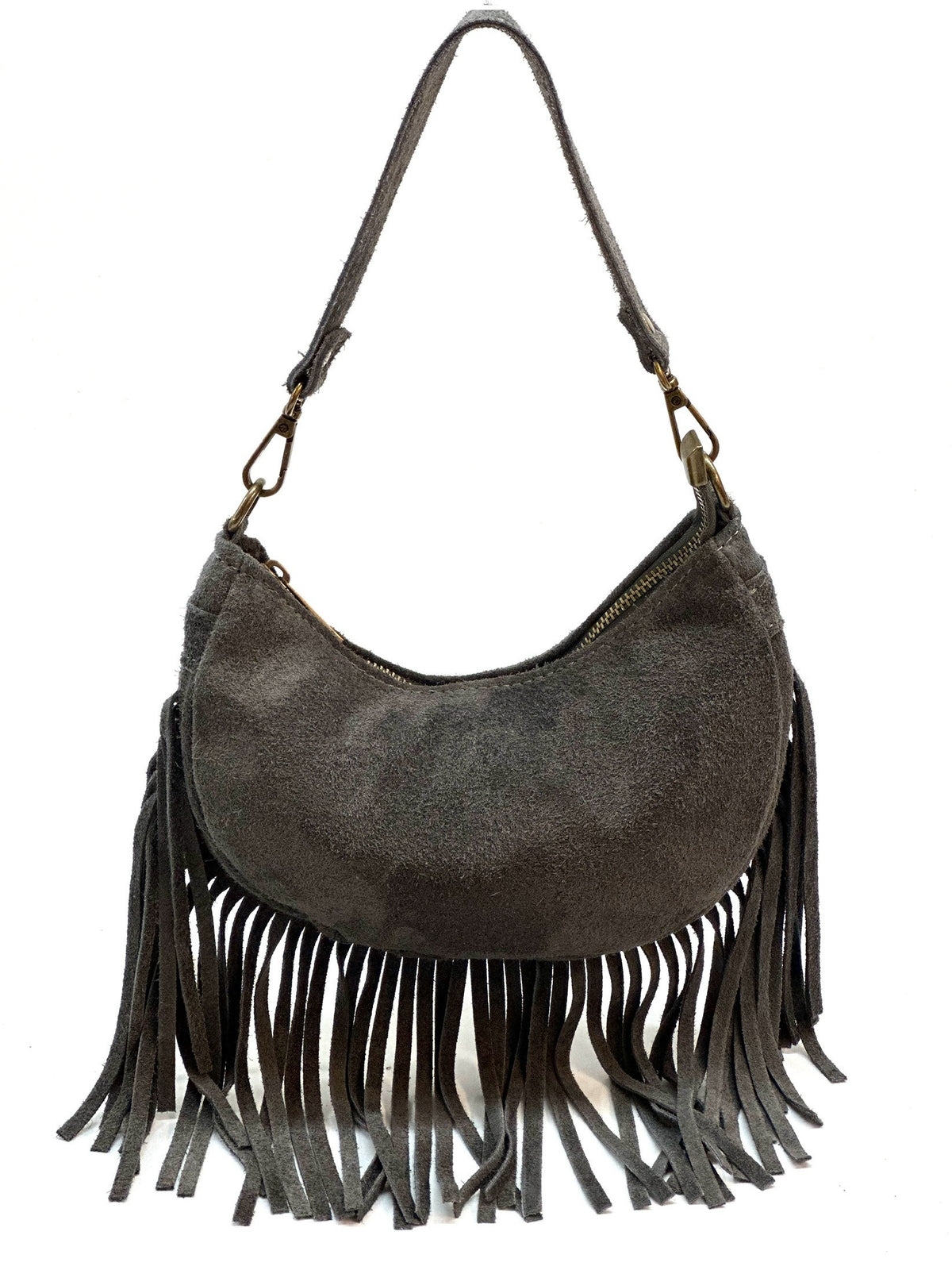 HE1139 Dark Grey Fringe Suede Hobo Bag