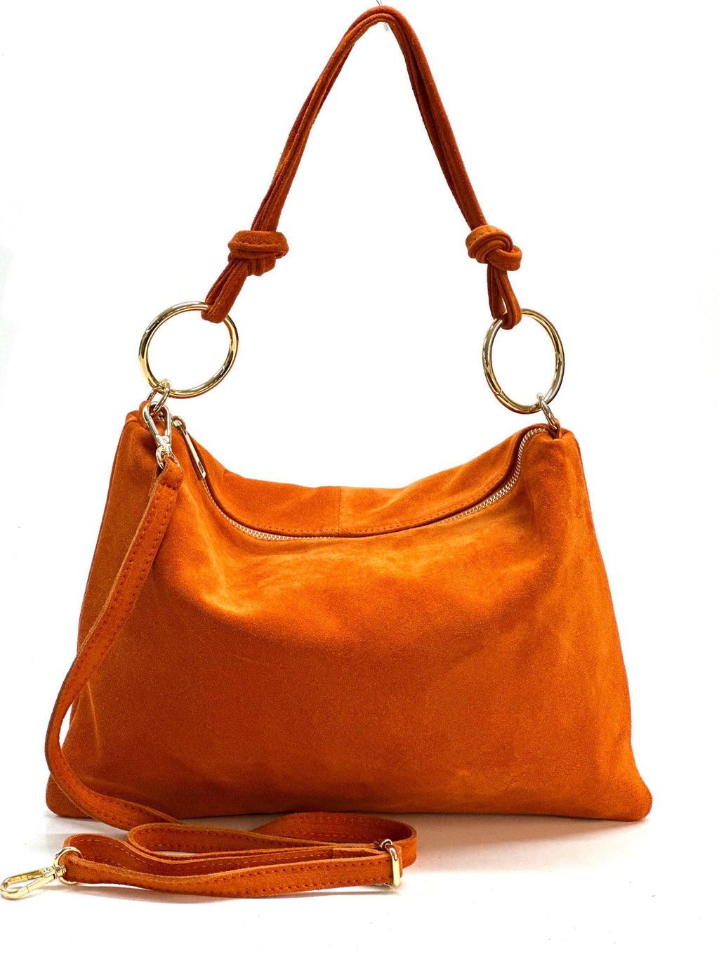 HE1141 Orange Ring Handle Suede Hobo Bag