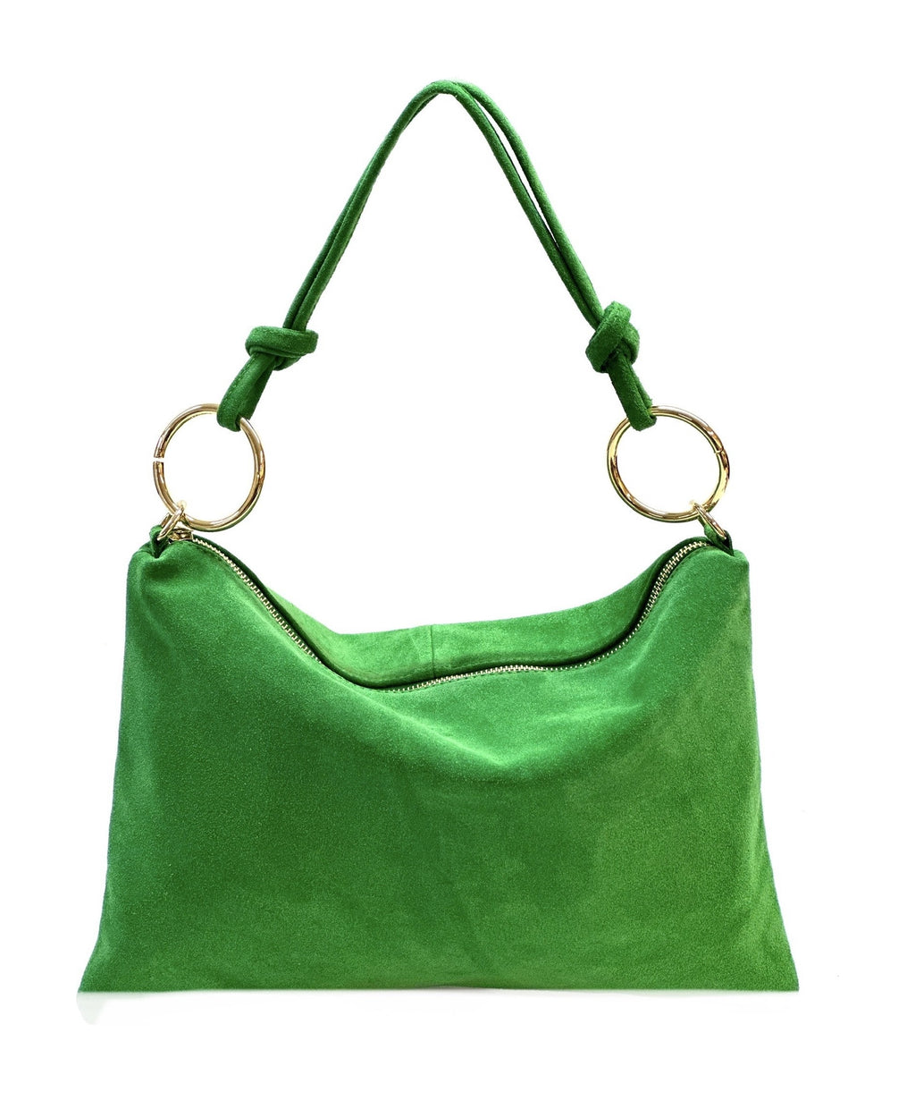 HE1142 Apple Green Ring Handle Suede Hobo Bag