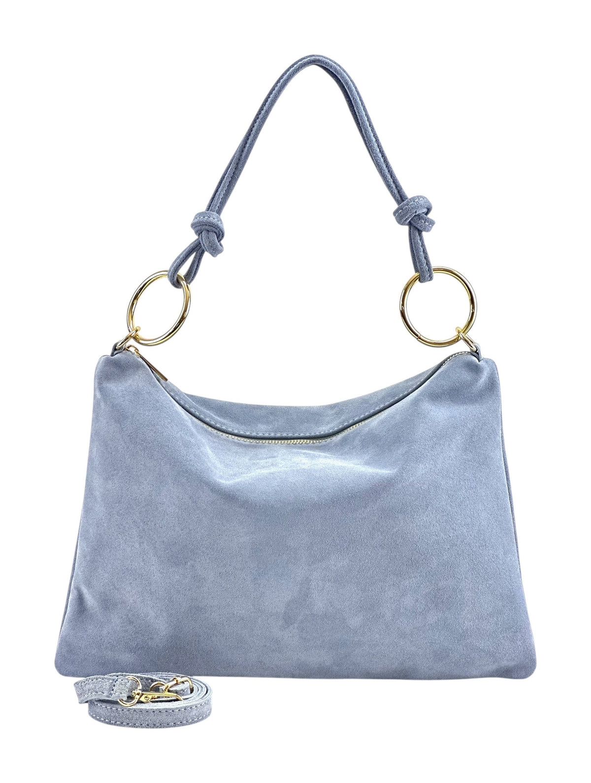 HE1143 Baby Blue Ring Handle Suede Hobo Bag