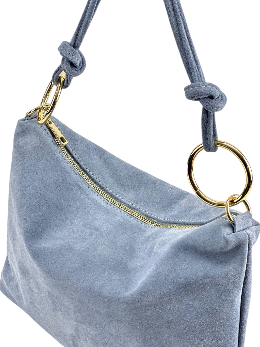 HE1143 Baby Blue Ring Handle Suede Hobo Bag