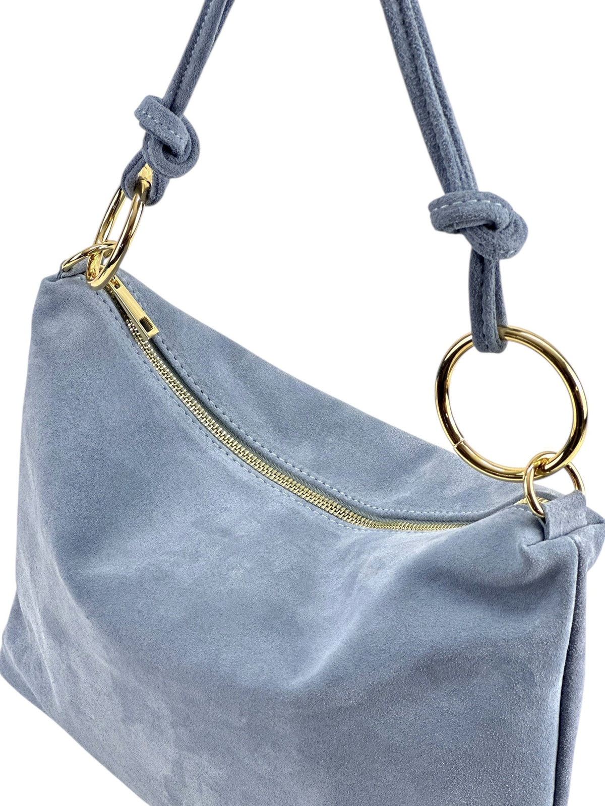 HE1143 Baby Blue Ring Handle Suede Hobo Bag