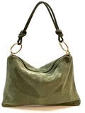HE1144 Military Green Ring Handle Suede Hobo Bag