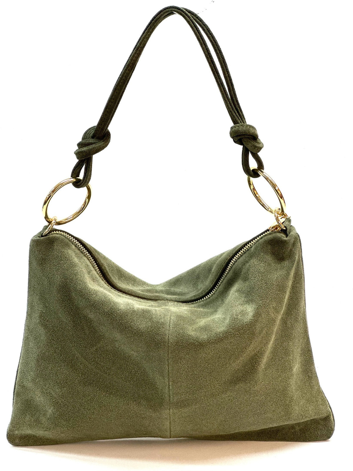 HE1144 Military Green Ring Handle Suede Hobo Bag