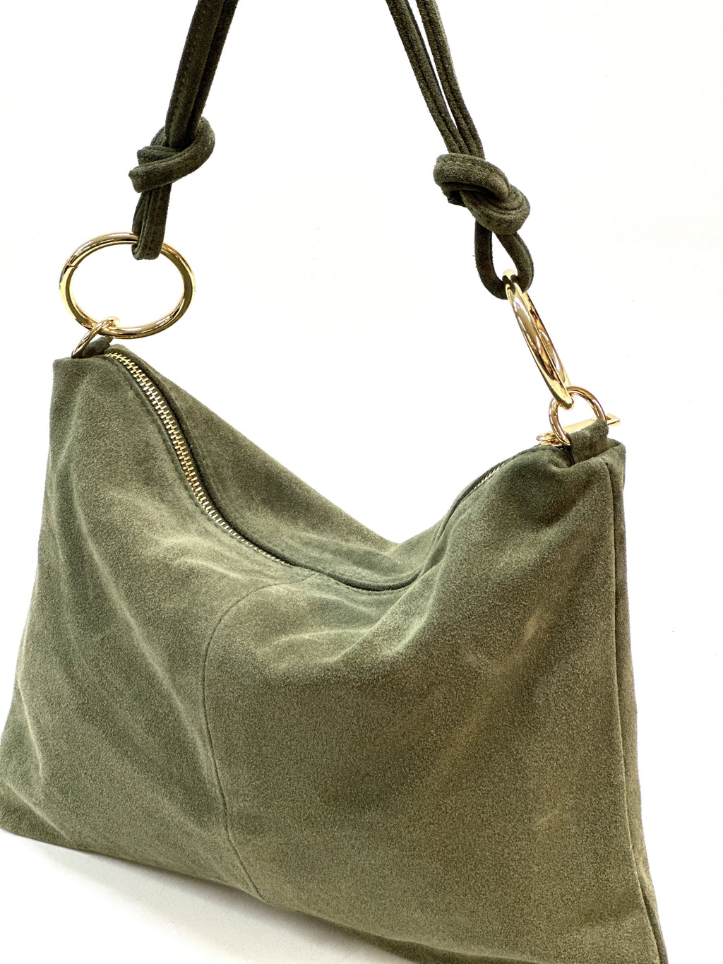 HE1144 Military Green Ring Handle Suede Hobo Bag