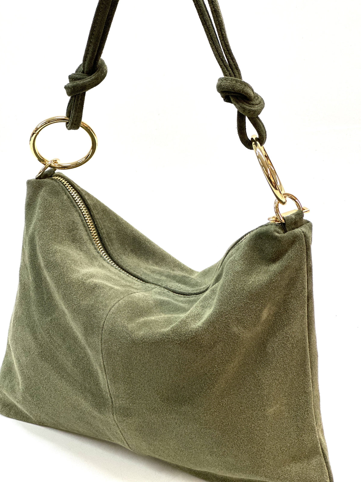 HE1144 Military Green Ring Handle Suede Hobo Bag