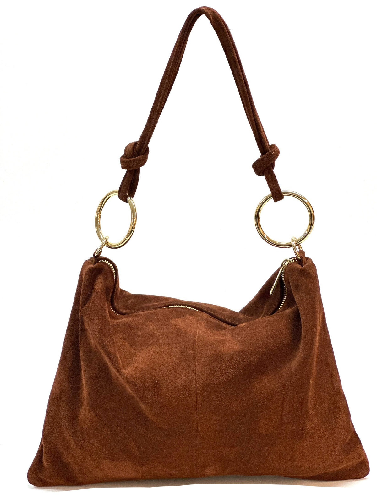 HE1146 Brown Ring Handle Suede Hobo Bag