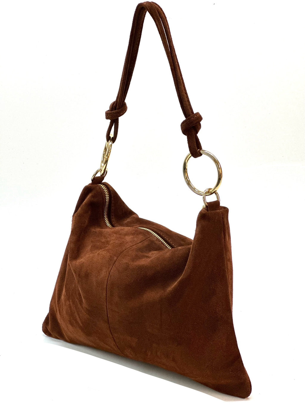 HE1146 Brown Ring Handle Suede Hobo Bag