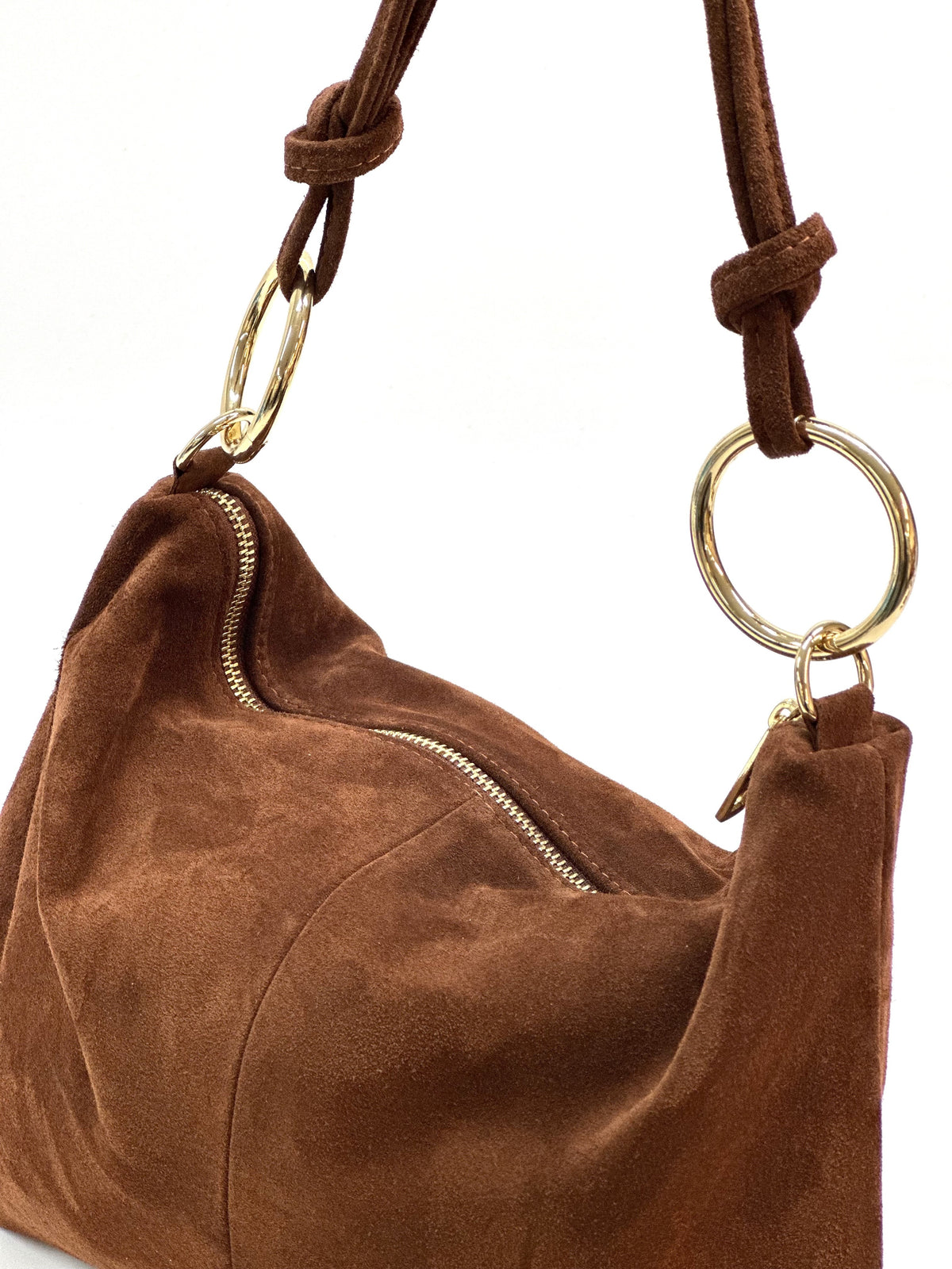 HE1146 Brown Ring Handle Suede Hobo Bag