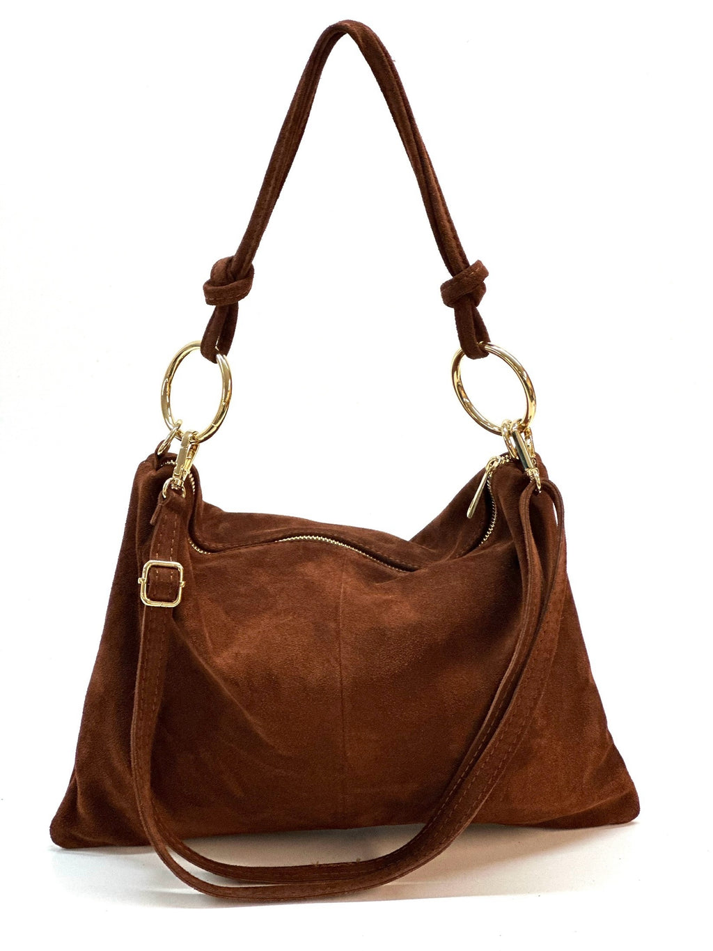 HE1146 Brown Ring Handle Suede Hobo Bag