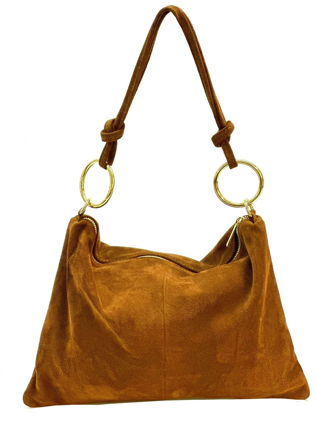 HE1147 Dark Tan Ring Handle Suede Hobo Bag