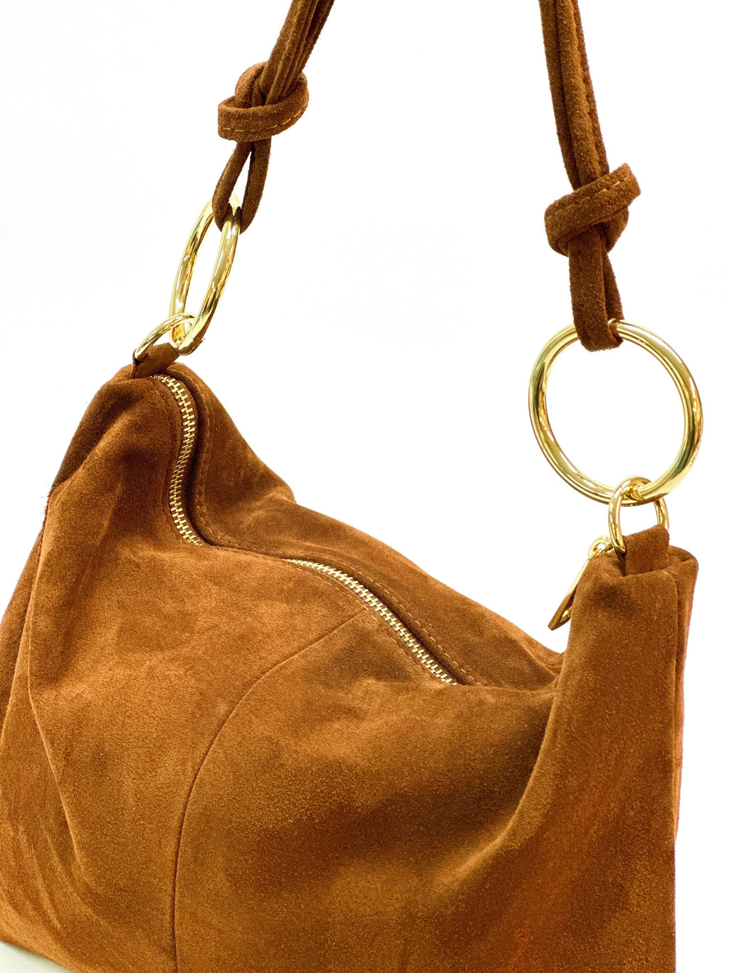HE1147 Dark Tan Ring Handle Suede Hobo Bag