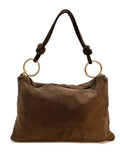 HE1148 Dark Brown Ring Handle Suede Hobo Bag