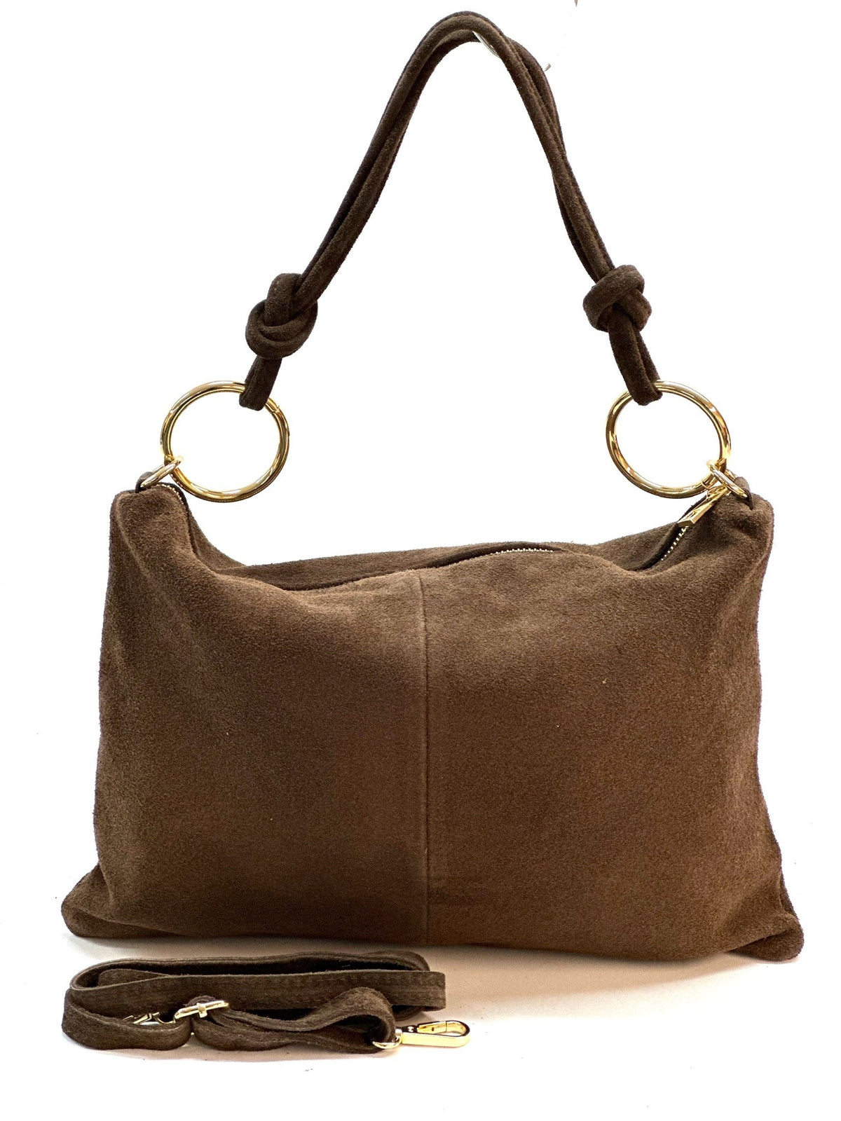 HE1148 Dark Brown Ring Handle Suede Hobo Bag
