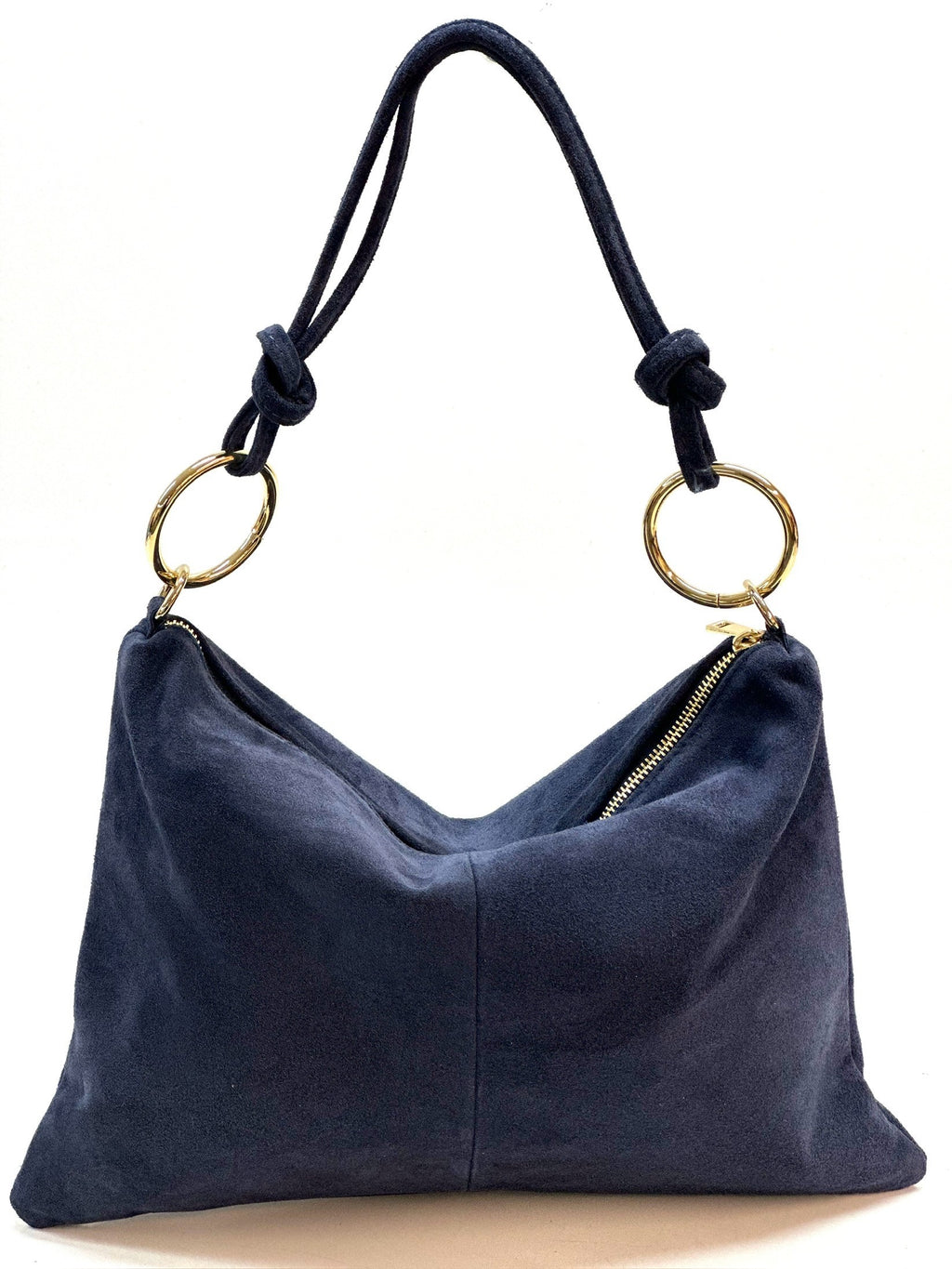 HE1150 Navy Ring Handle Suede Hobo Bag
