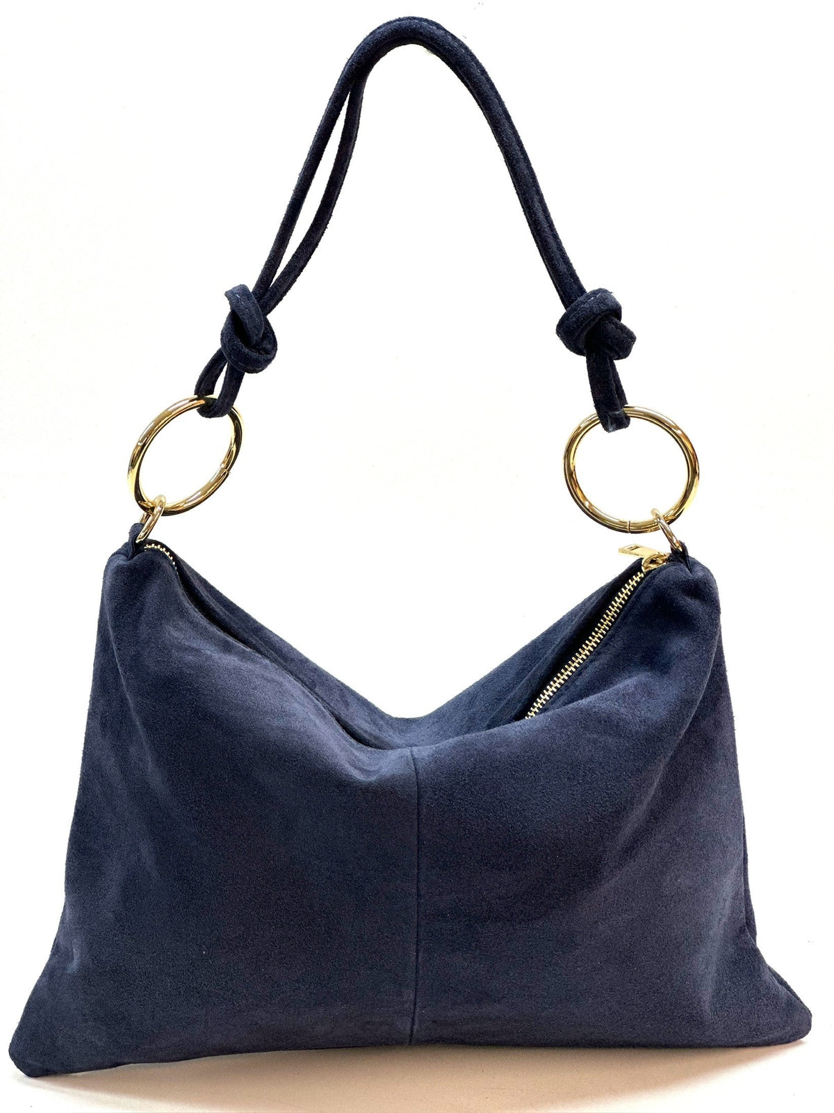HE1150 Navy Ring Handle Suede Hobo Bag
