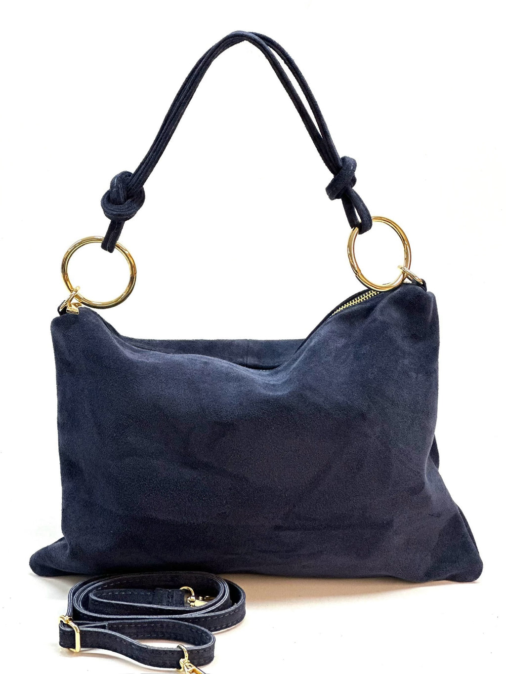 HE1150 Navy Ring Handle Suede Hobo Bag