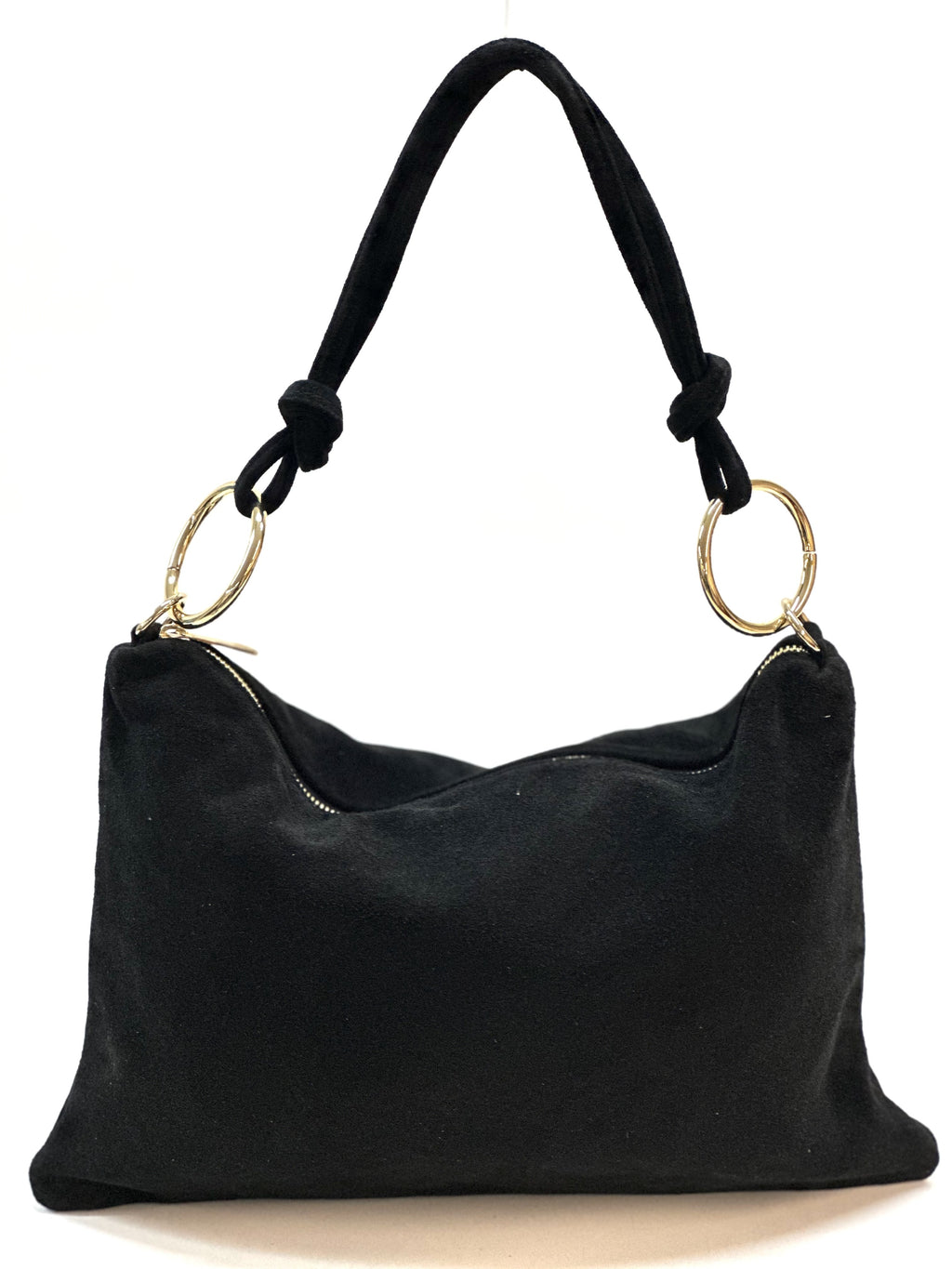 HE1151 Black Ring Handle Suede Hobo Bag