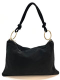 HE1151 Black Ring Handle Suede Hobo Bag
