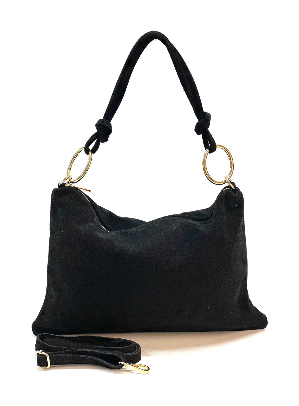 HE1151 Black Ring Handle Suede Hobo Bag