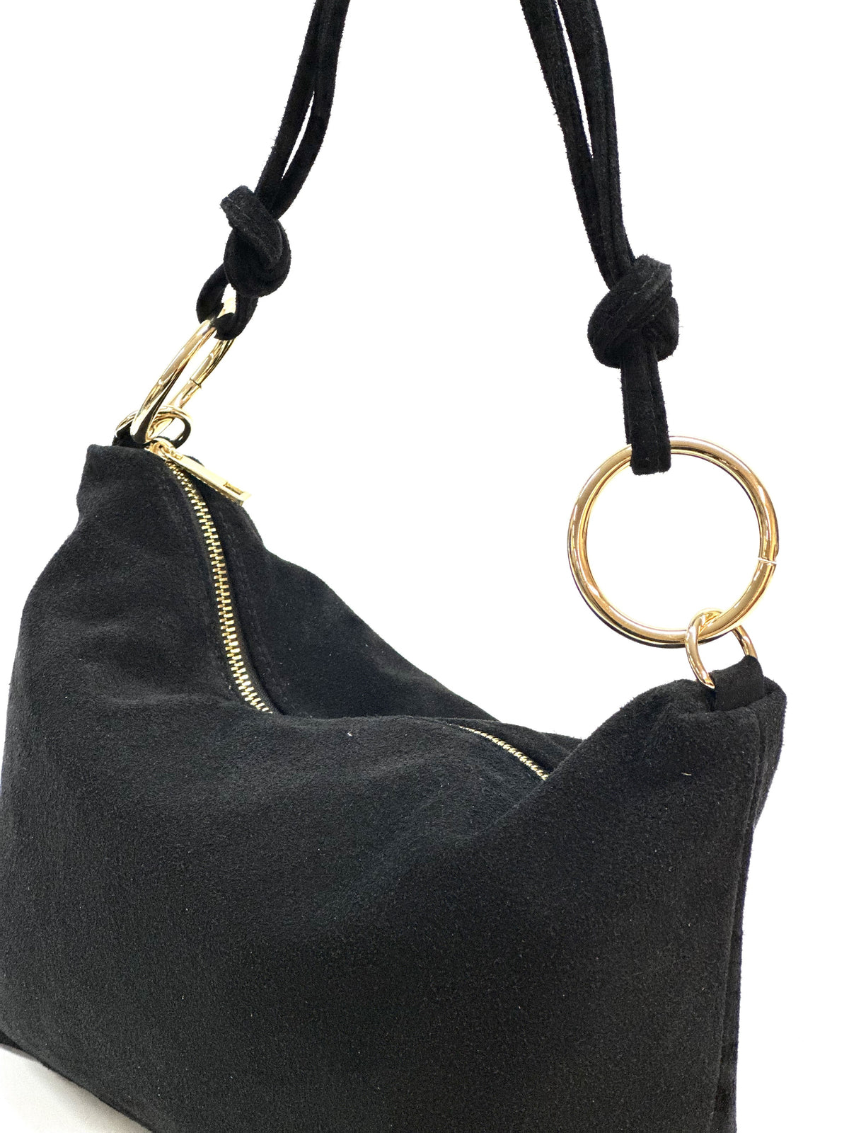 HE1151 Black Ring Handle Suede Hobo Bag