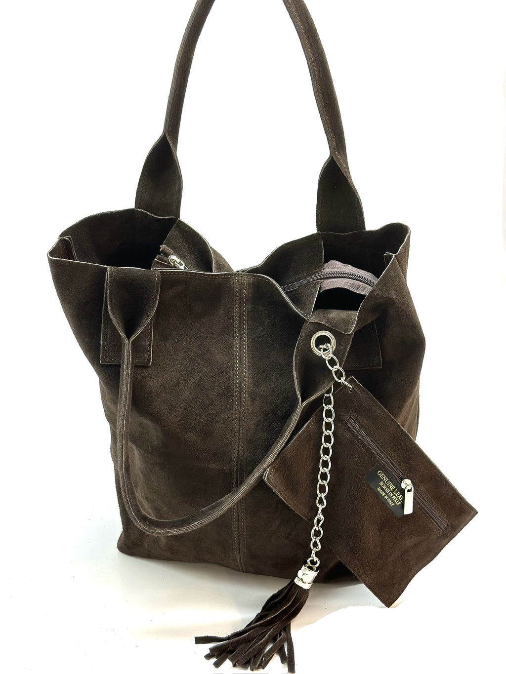 HE1164 Dark Brown Tassel Suede Tote Bag