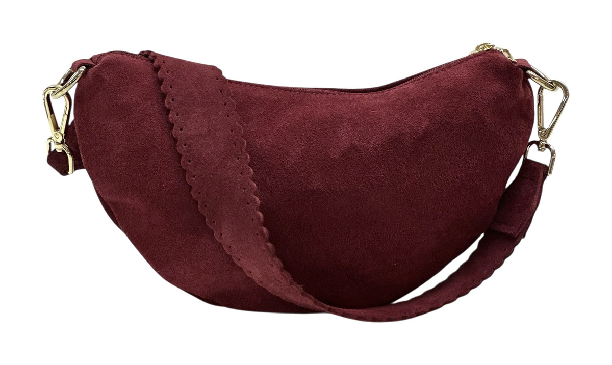 HE1173 Burgundy Half-Moon Suede Shoulder Bag