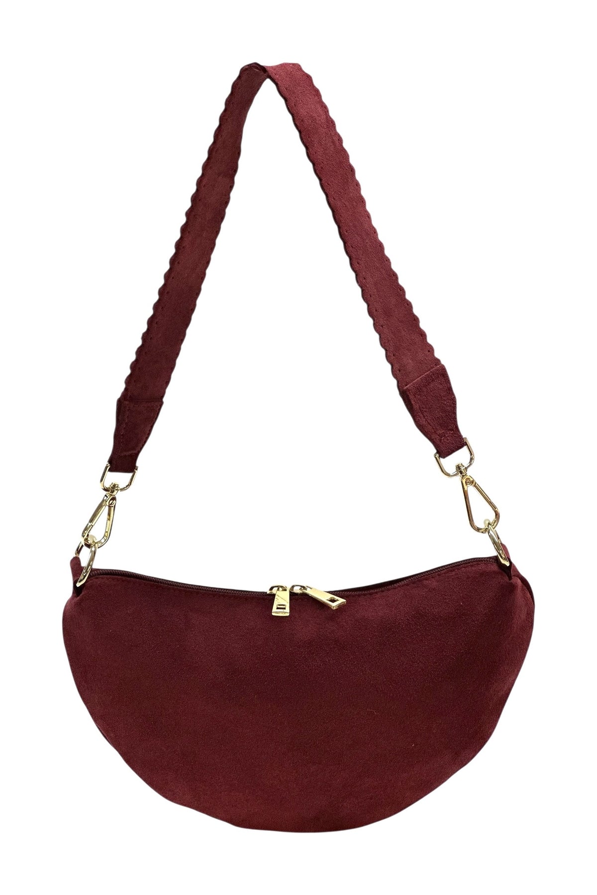 HE1173 Burgundy Half-Moon Suede Shoulder Bag